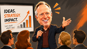 Caricature image of David Baer speaking in front of an audience