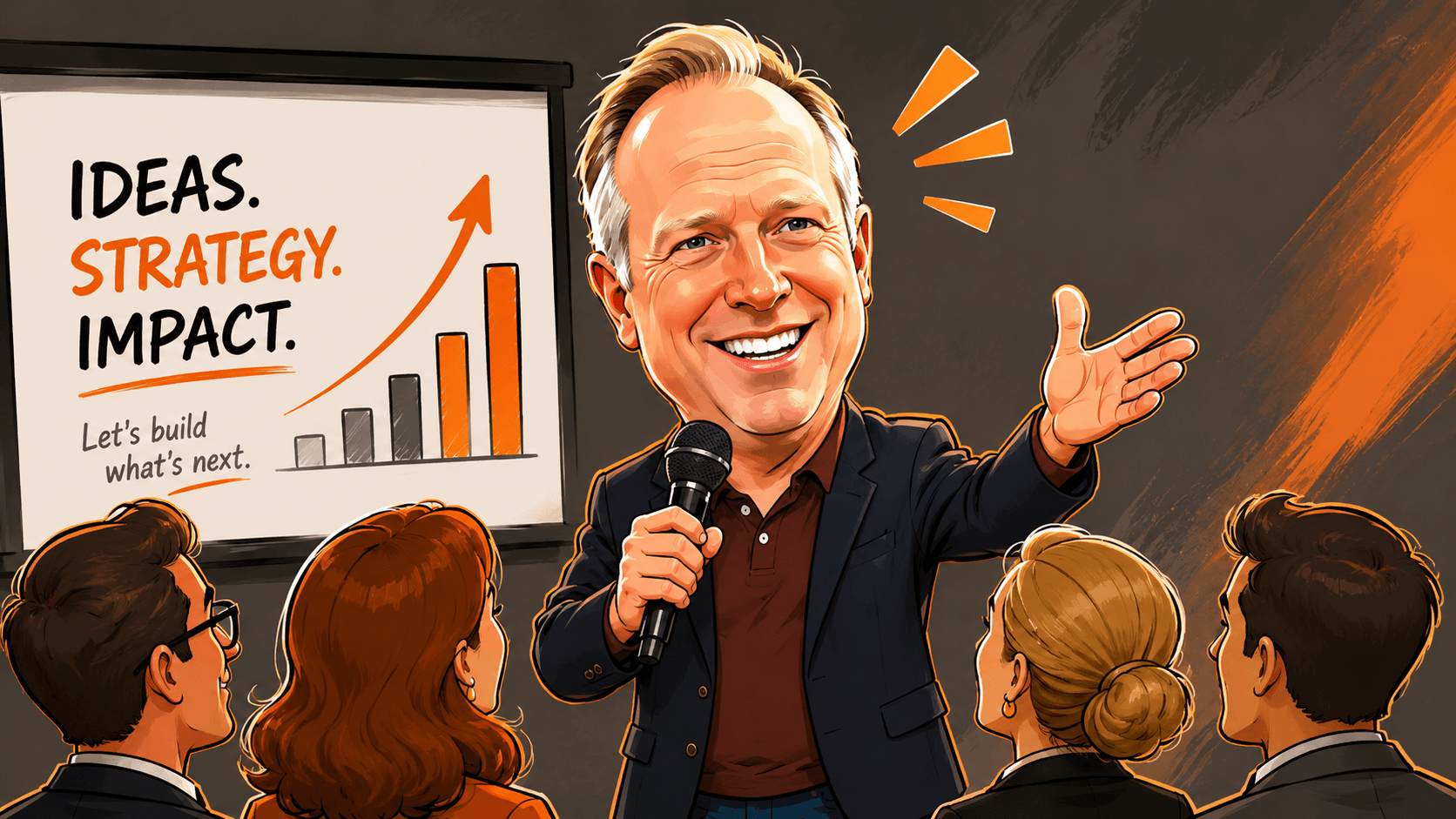 Caricature image of David Baer speaking in front of an audience
